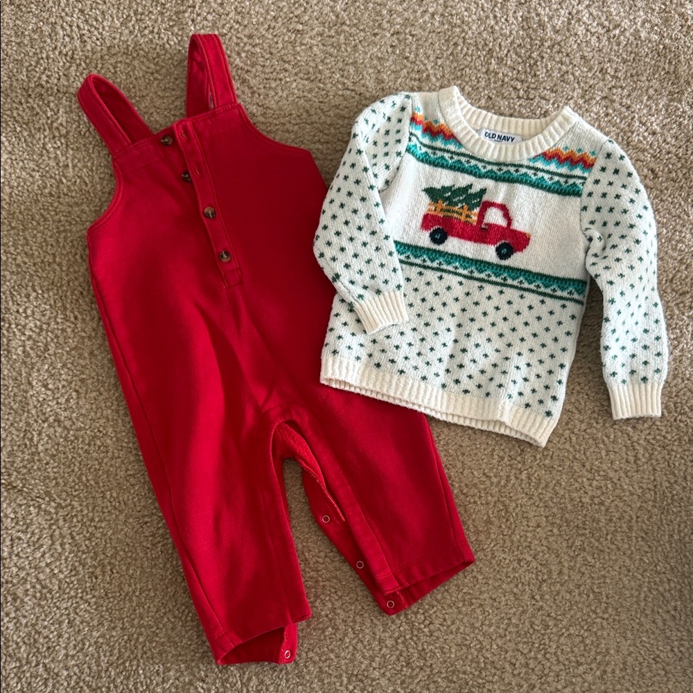 Old Navy Red Overalls and Holiday Sweater Set